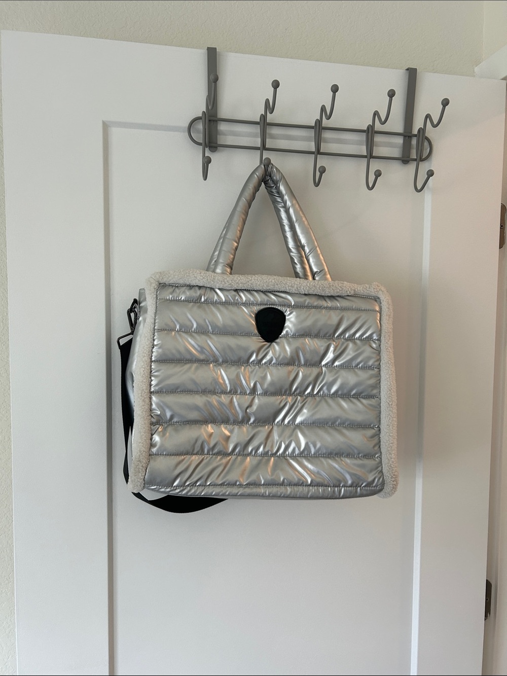 Pajar Metallic Silver Quilted Tote with Shearling Trim Puffy Travel Bag